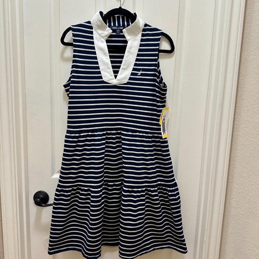 Nautica Jeans Women's Midi Tiered Dress Size S Blue Stand Collar Sleeveless NEW